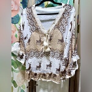 HOLIDAY TOP SHEER PONCHO LINED ALPINE DEER SNOWFLAKE PRINT LACE TRIM TASSEL OSFM